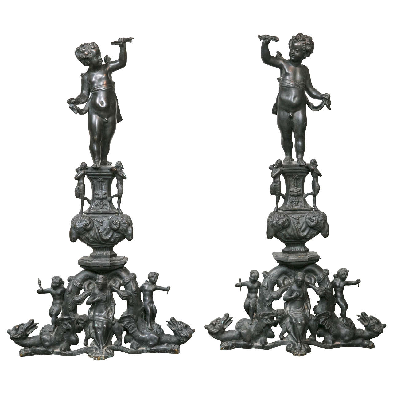 Massive Pair of 19th Century French Bronze Andirons