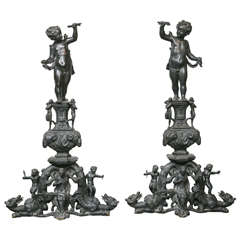 Massive Pair of 19th Century French Bronze Andirons