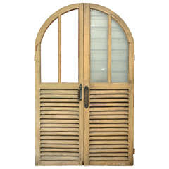 Antique English Victorian Arched Double Doors with Glass and Louvered Panels