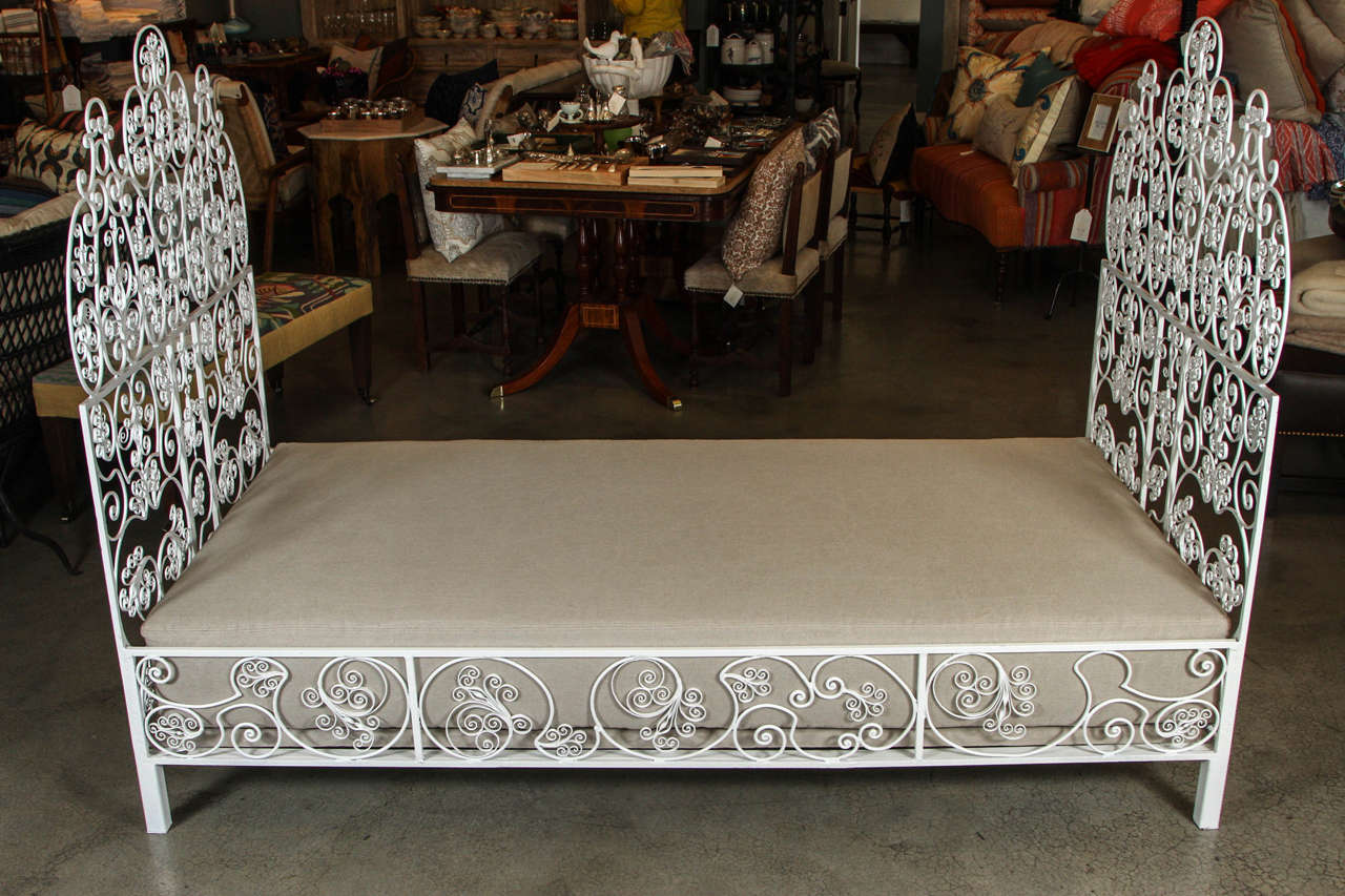 Art Nouveau Vintage Iron Daybed with Highly Decorative Metal Work and White Lacquer Finish