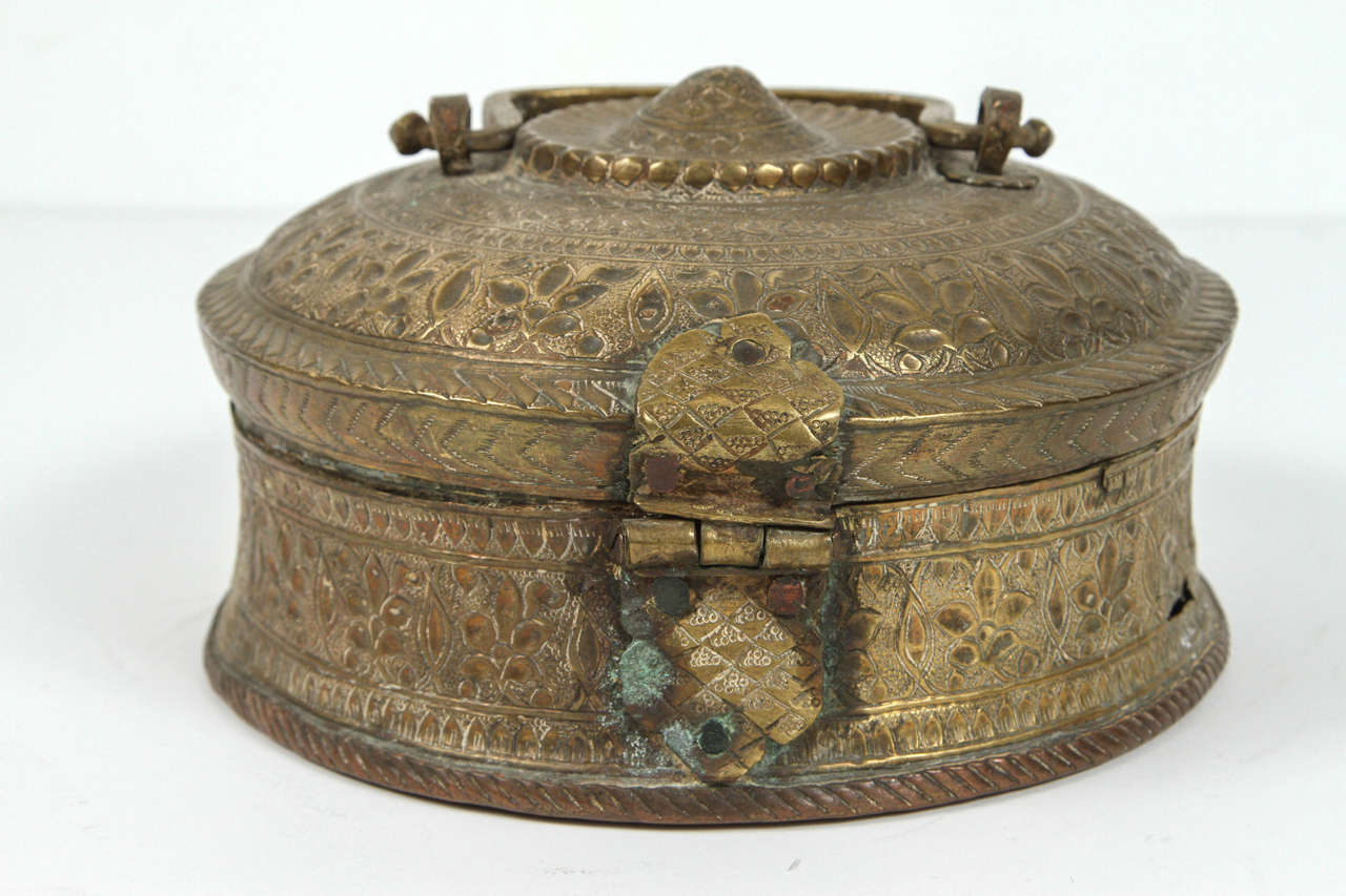 Moorish 19th C. Asian Brass Betel Nut Pandan Box with Lid, Northern India  For Sale