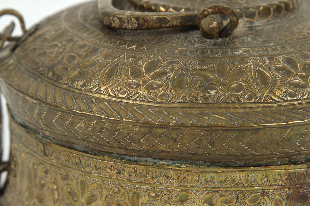 Hammered 19th C. Asian Brass Betel Nut Pandan Box with Lid, Northern India  For Sale