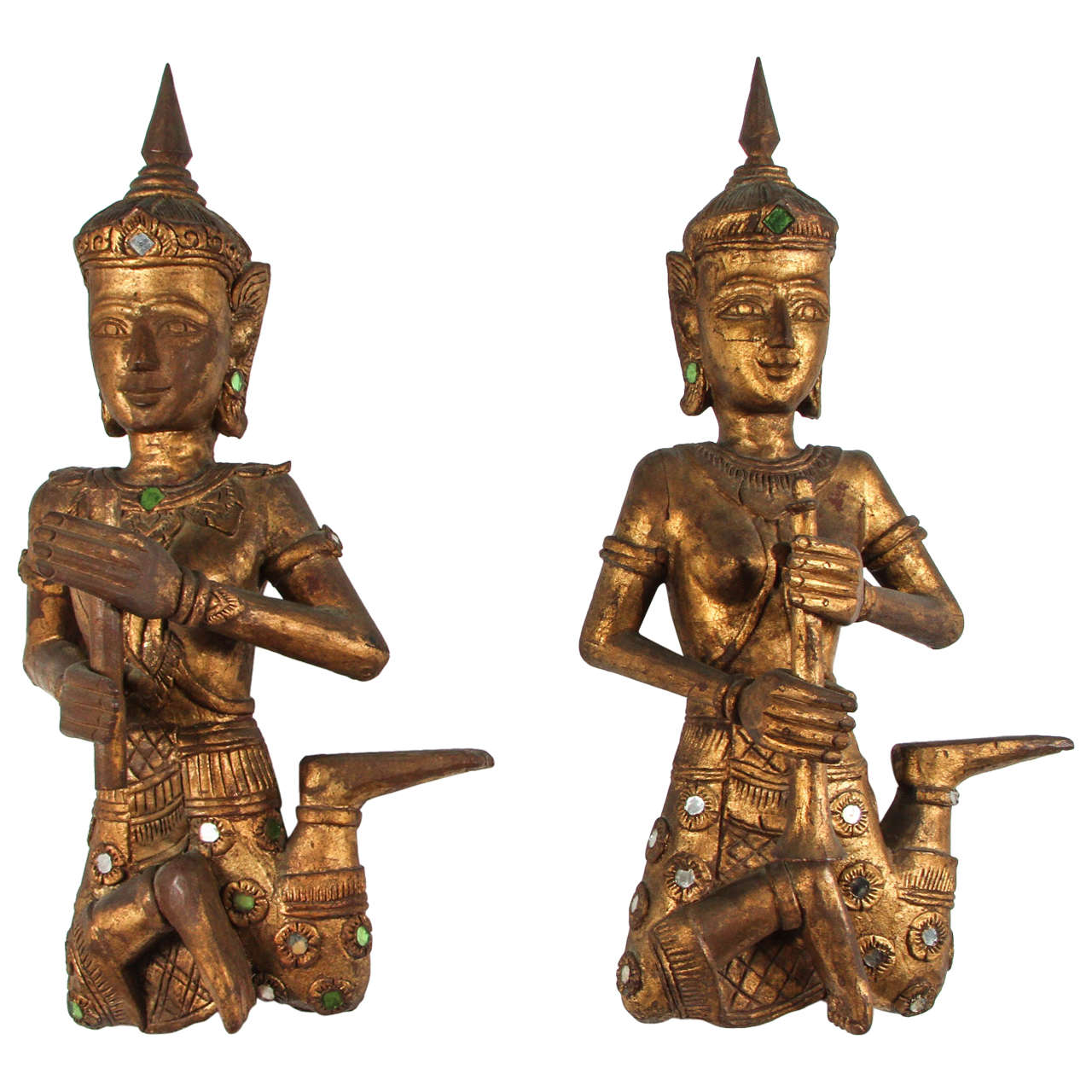 Paar asiatische Thai-Figuren siamanischer Musiker im Angebot