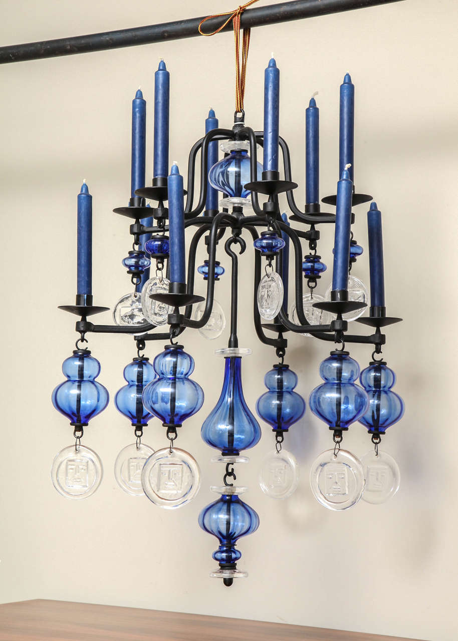 Art glass hanging candelabra by Swedish glass artist Erik Hoglund. Designed for Boda Nova Glassworks/Axel Stromberg Ironworks, 1960s.