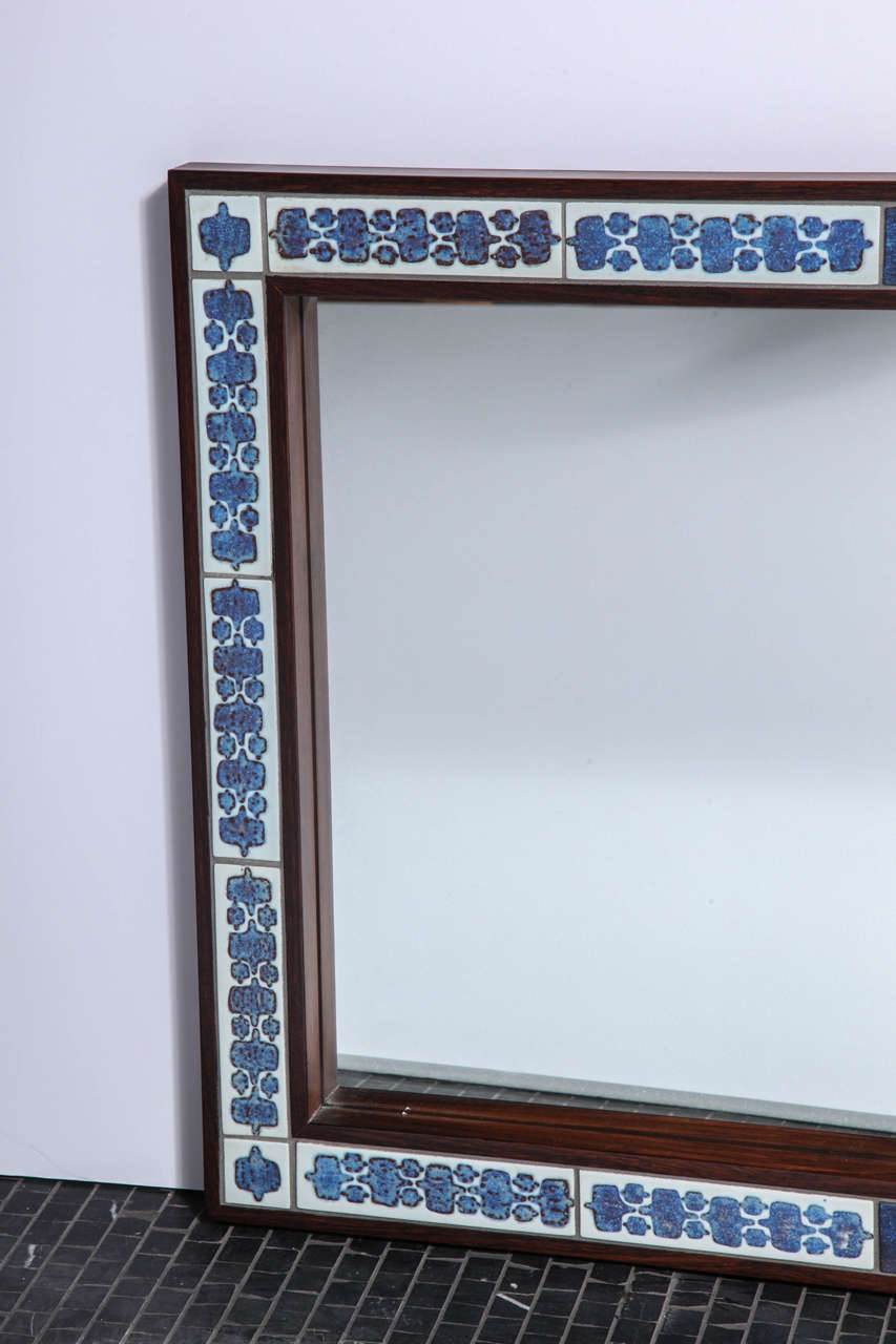 Mid-Century Modern Rosewood Mirror by Haslev with Inset Handmade Royal Copenhagen Tiles