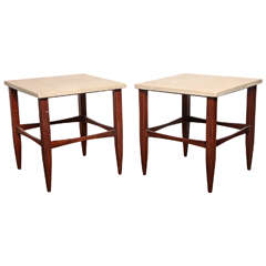 Pair of Teak and Travertine Side Tables, Mfg. Singer and Sons, 1950s