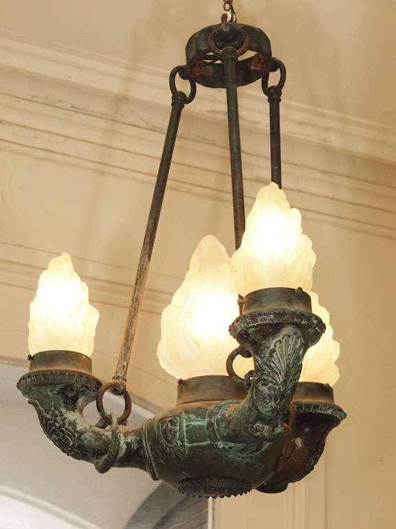 Early 19th century period empire verdigris bronze chandelier after greco-roman oil lamp chandelier
