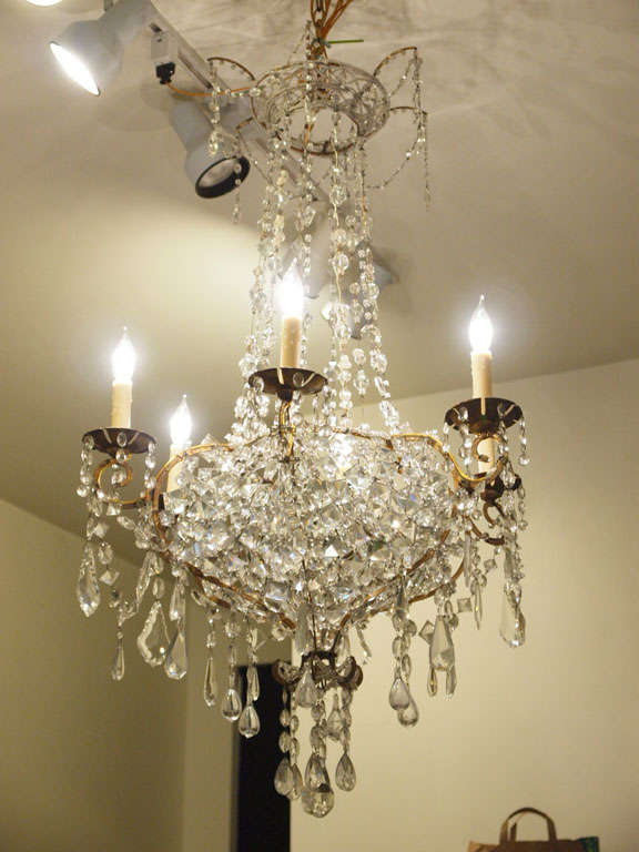 18th C. Italian Gilt Iron And Crystal Basket Chandelier For Sale 7