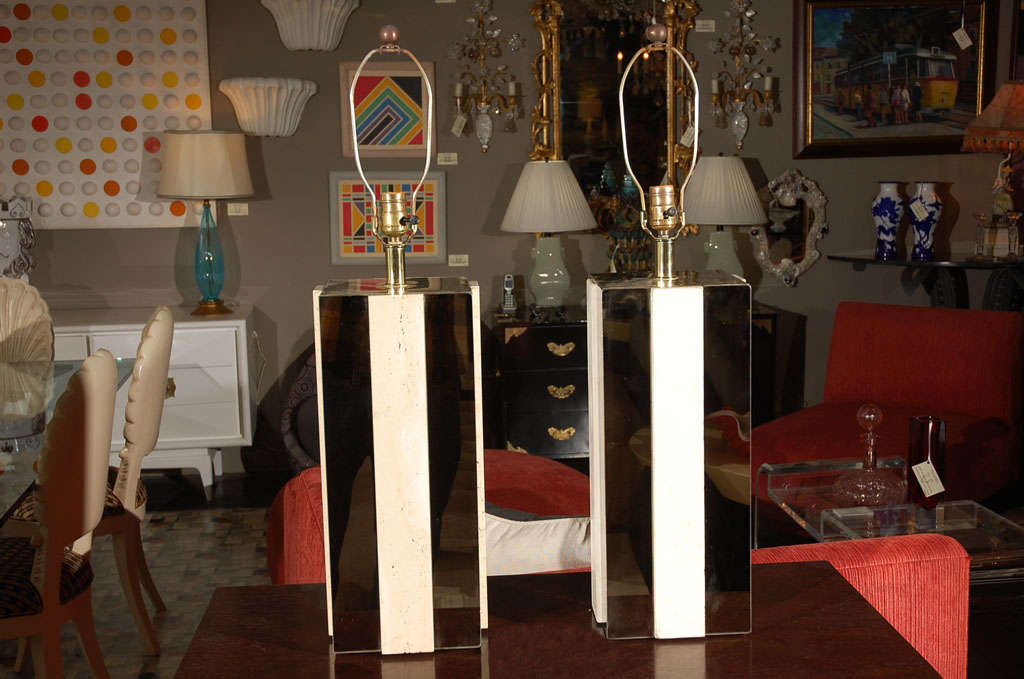 Pair of Brass & Travertine Lamps in the Manner of Pierre Cardin