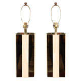 Vintage Pair of Brass & Travertine Lamps in the Manner of Pierre Cardin