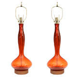 Vintage Pair of Mid Century Orange Glass Table Lamps by Blenko