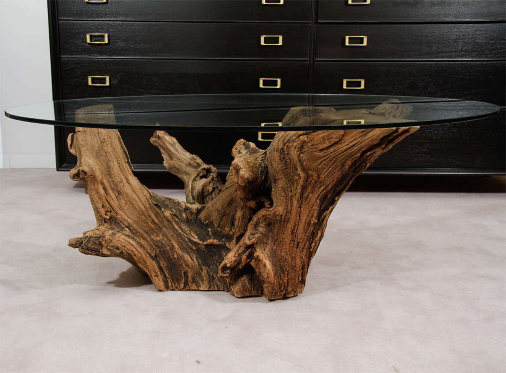 Mid Century Stump Cocktail Table with Oval Glass Top