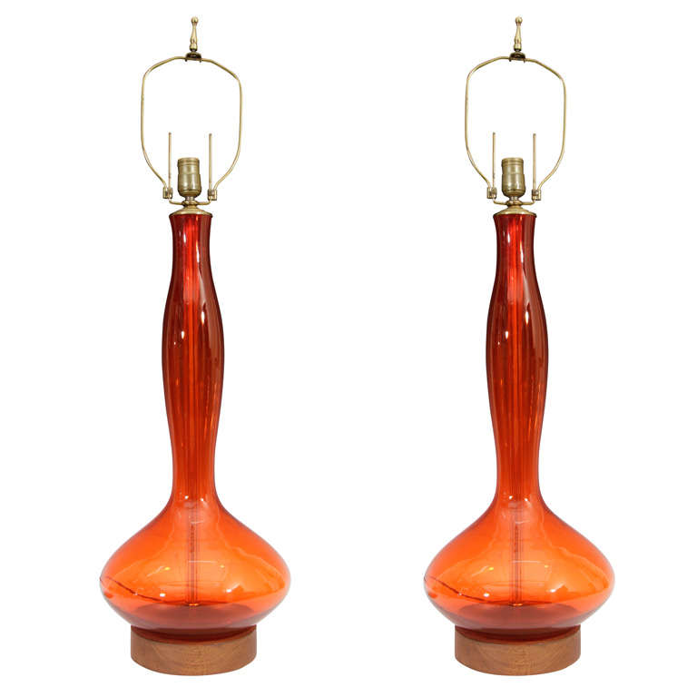 Pair of Mid Century Orange Glass Table Lamps by Blenko at 1stDibs