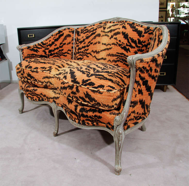 American Vintage Louis XV Style Settee In Velvet Tiger Upholstery