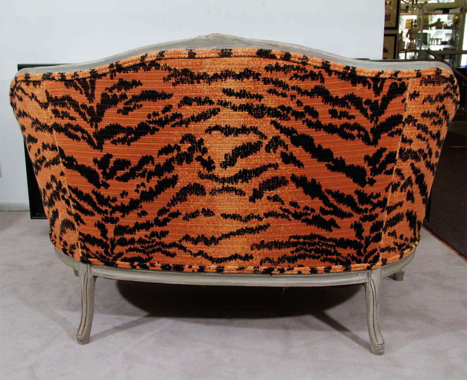 Wood Vintage Louis XV Style Settee In Velvet Tiger Upholstery