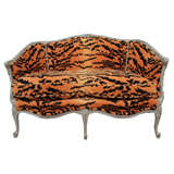 Vintage Louis XV Style Settee In Velvet Tiger Upholstery