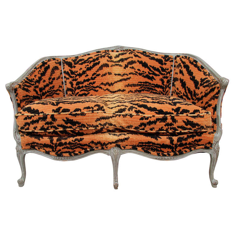 Vintage Louis XV Style Settee In Velvet Tiger Upholstery