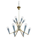 Mid Century Brass and Enameled Slate Blue 12-Arm Chandelier