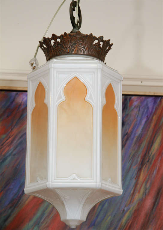 American Art Deco Arabesque Milk Glass Lantern Pendant