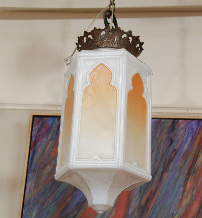 Art Deco Arabesque Milk Glass Lantern Pendant 2