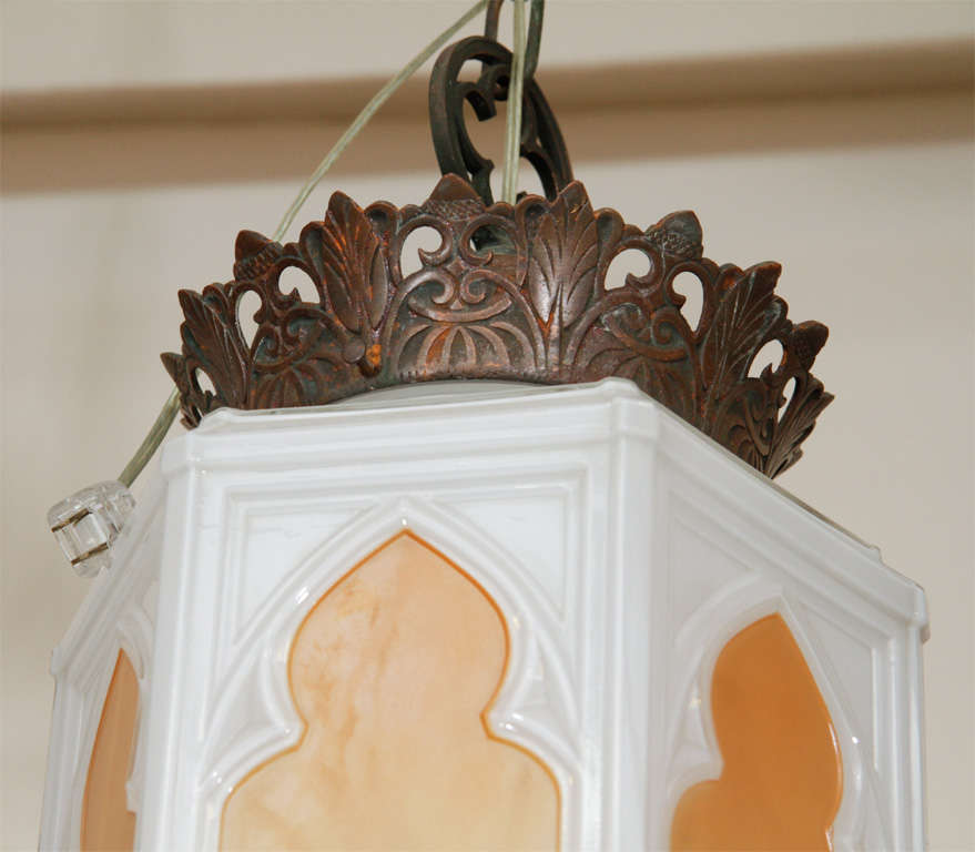 Art Deco Arabesque Milk Glass Lantern Pendant 3