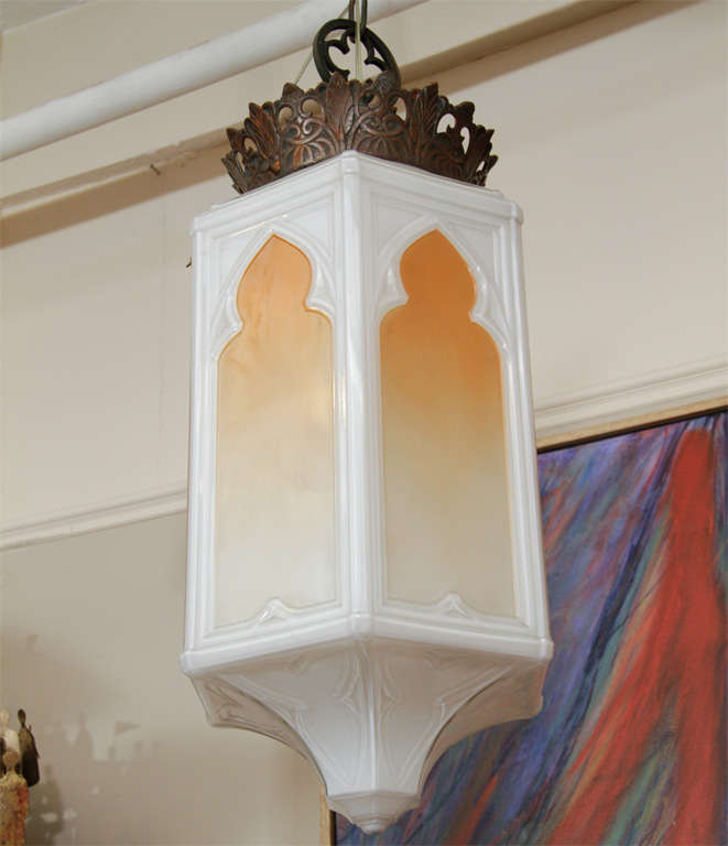 Art Deco Arabesque Milk Glass Lantern Pendant 4