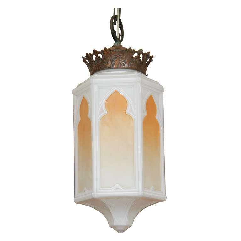 Art Deco Arabesque Milk Glass Lantern Pendant