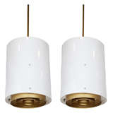 Pair of Mid Century Acrylic and Brushed Brass Pendant Lights