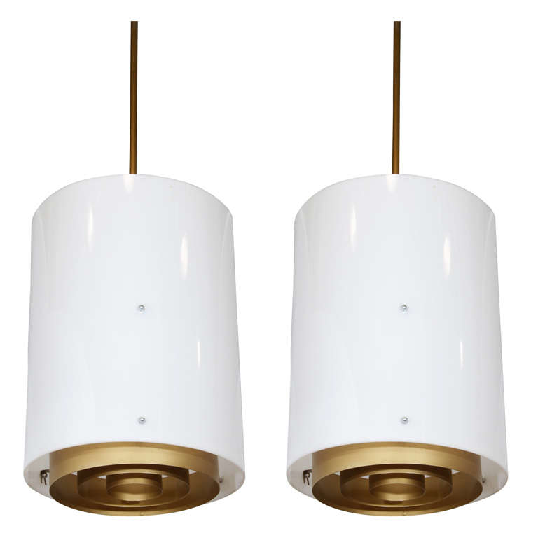 Pair of Mid Century Acrylic and Brushed Brass Pendant Lights