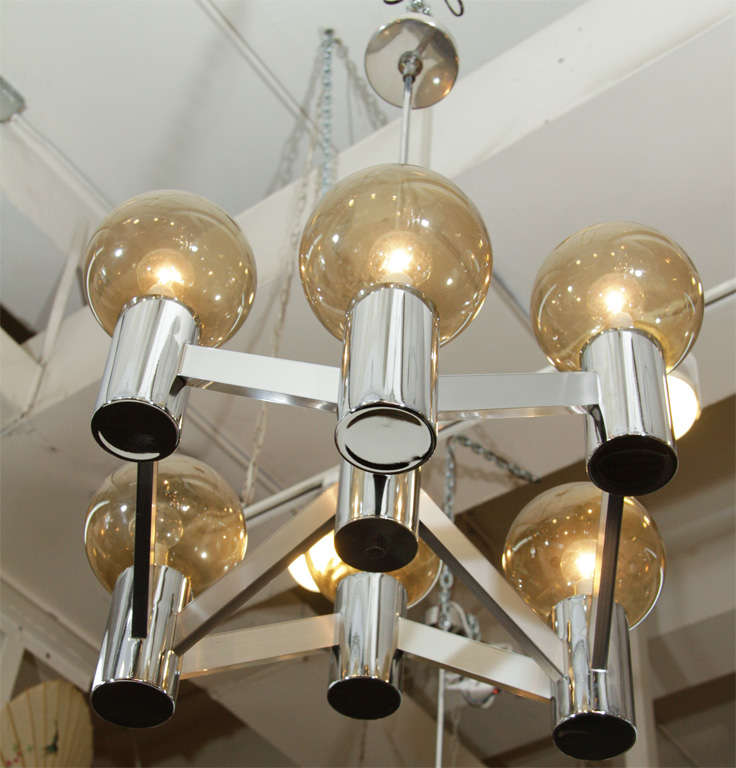 Mid Century Chrome and Glass Globe Angular Chandelier For Sale at 1stdibs