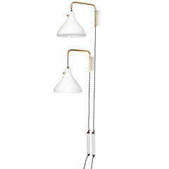 Pair of White Metal and Brass Bedroom Wall Lamps
