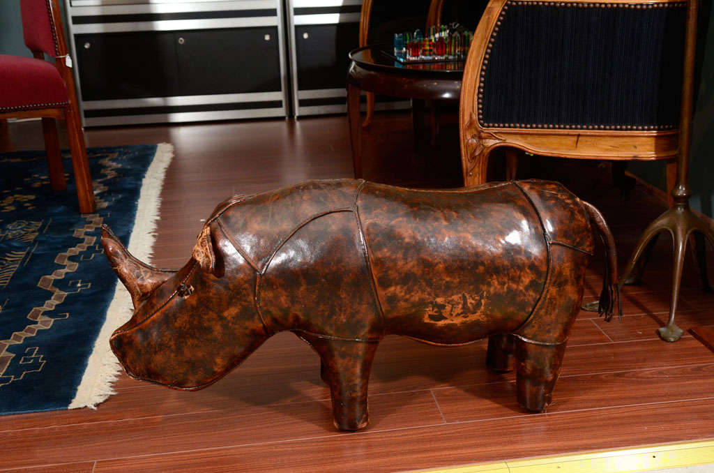 A leather rhinoceros ottoman designed by, Dimitri Omersa, manufactured by, Omersa and Company 1Lincolnshire, UK and retailed by Abercrombie & Fitch Company from 1940s -1980s.