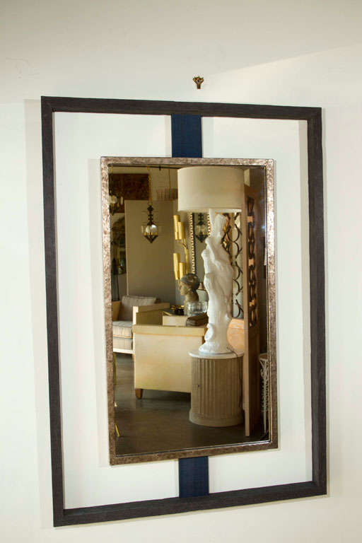 Modern, organic modern Paul Marra Negative Space Mirror in distressed finish outer frame, textured gold inner frame, horse hair strut.  Due to materials and the hand-made process the wood and finish including coloration will vary throughout