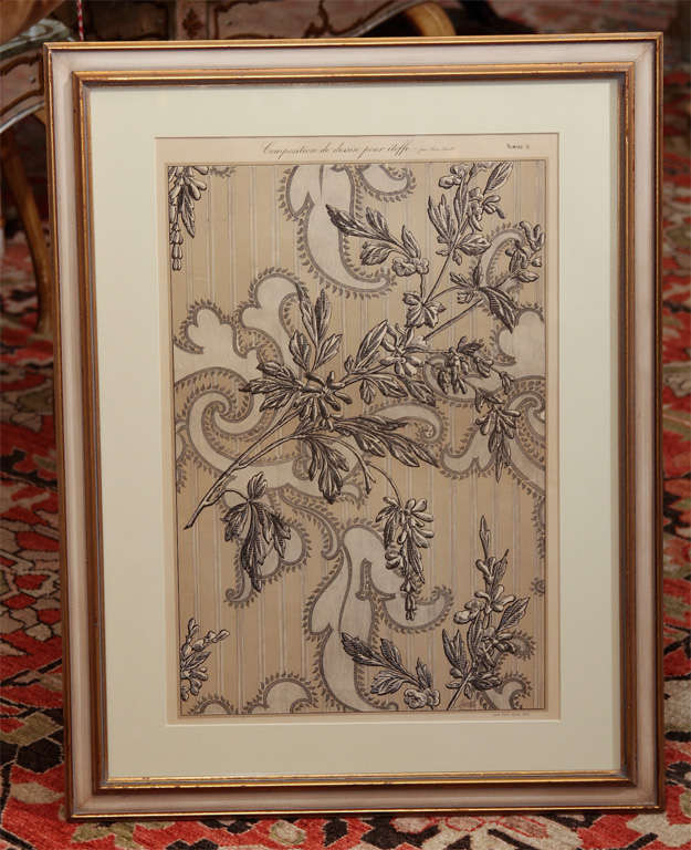 Framed French chromolithograph cartoon of wallpaper or textile design. Frame of recent vintage