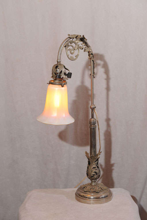 Silvered Bronze and Art Glass Desk or Table Lamp ca. 1910 1