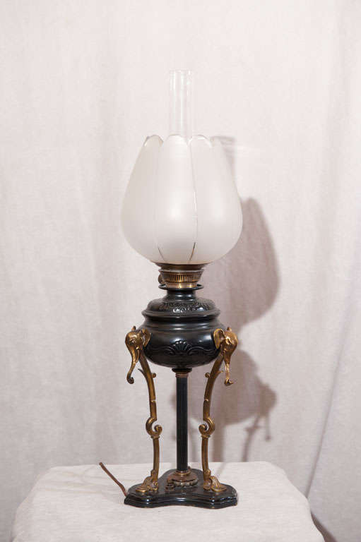 Bronze Early Kerosene Lamp, Elephant Theme