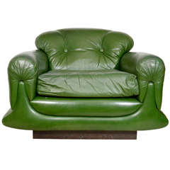 Mod Overstuffed Green Leather Lounge Chair