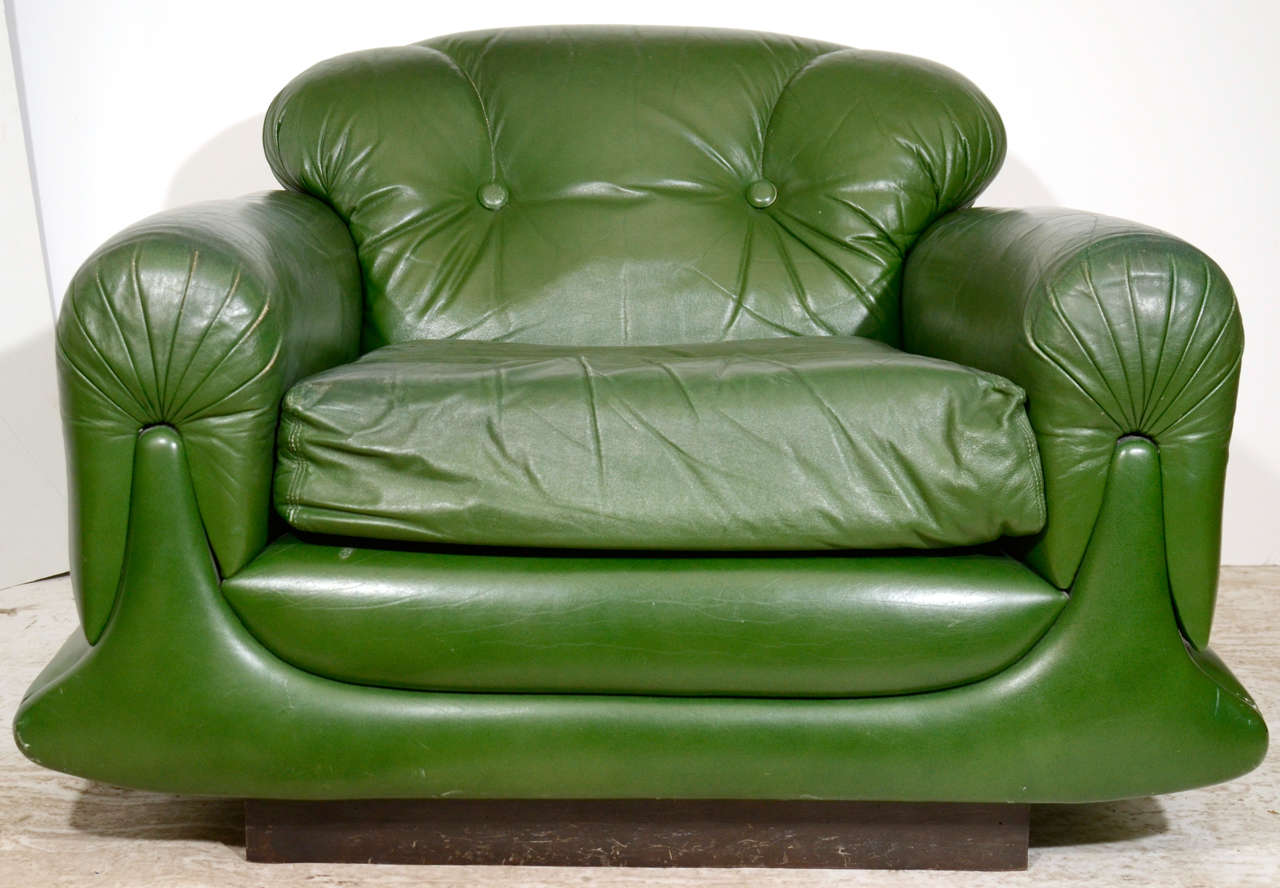 Mod Overstuffed Green Leather Lounge Chair at 1stdibs
