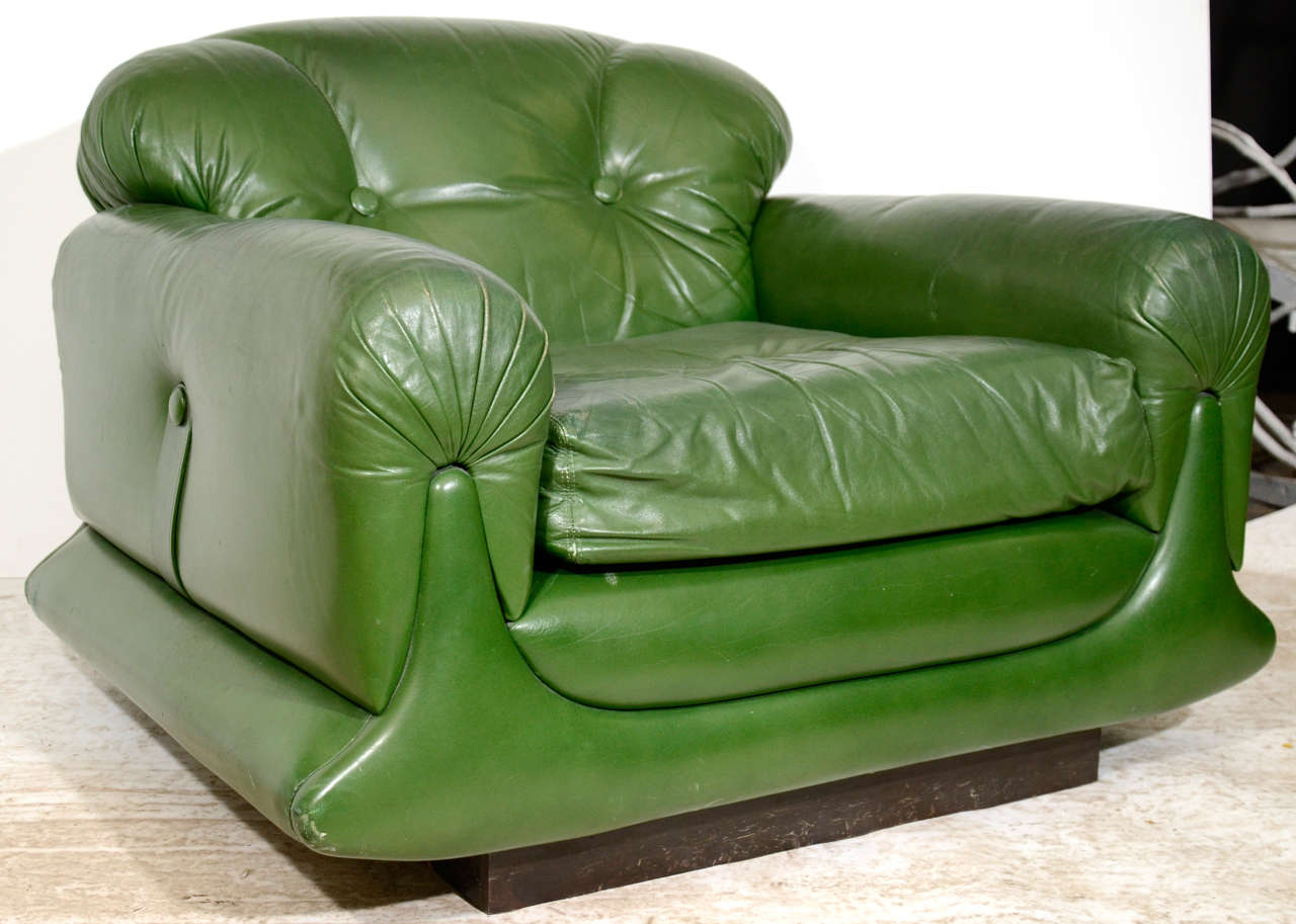 Mod Overstuffed Green Leather Lounge Chair at 1stDibs overstuffed