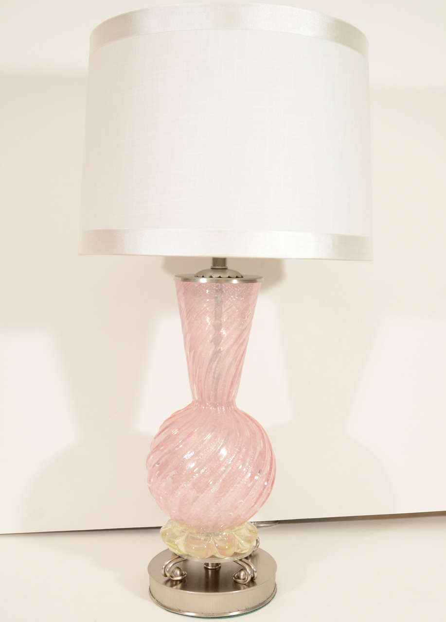 Exceptional pair of Pale Pink swirled glass lamps with silver fleck inclusions on satin nickel bases by Barovier.
