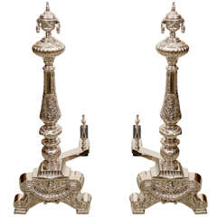 Pair of English Regency Style Polished Nickel Andirons