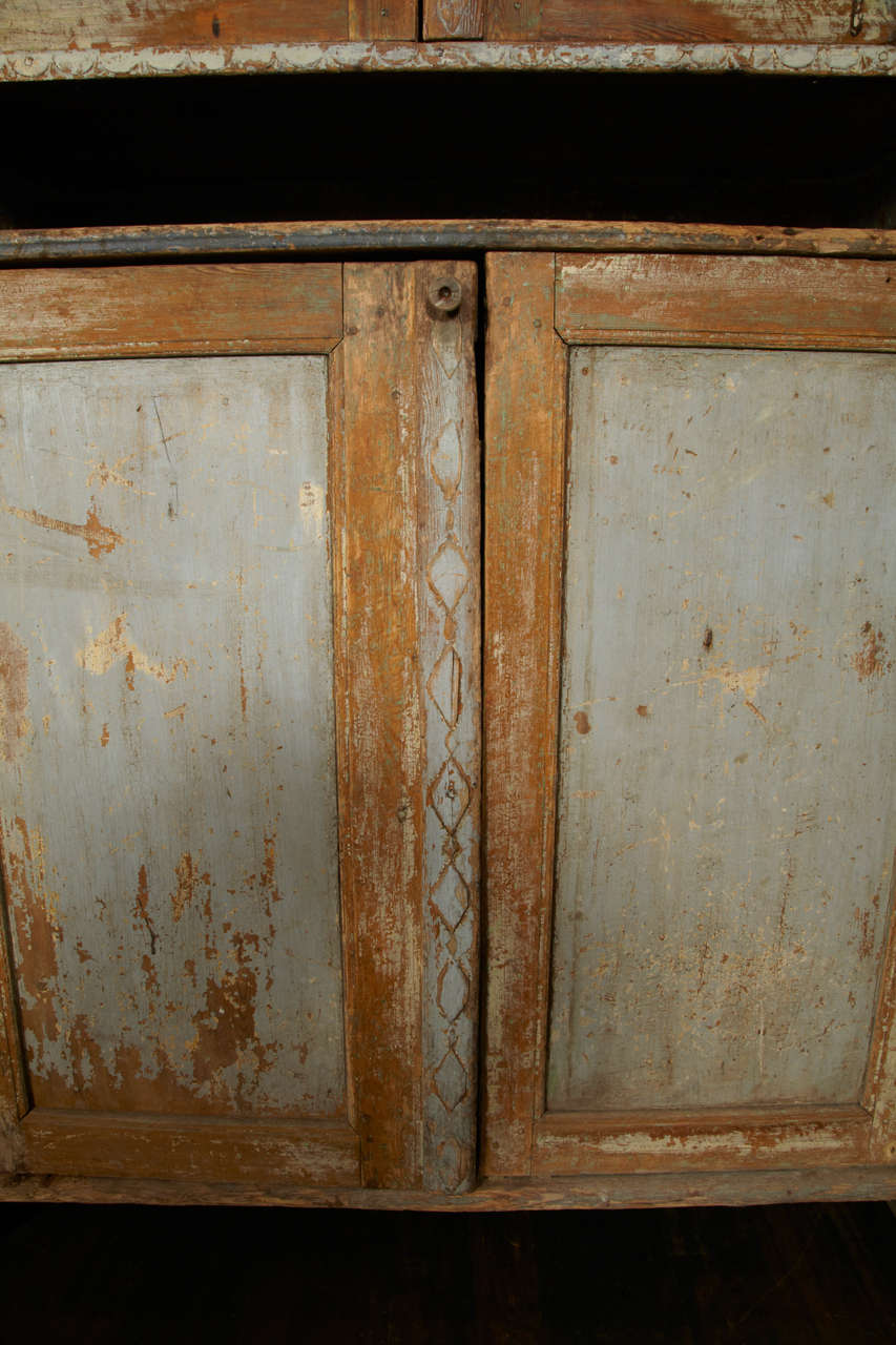 19th Century 19th c. Gustavian Tall Cabinet in a Worn Pale Blue and Ocher Patina