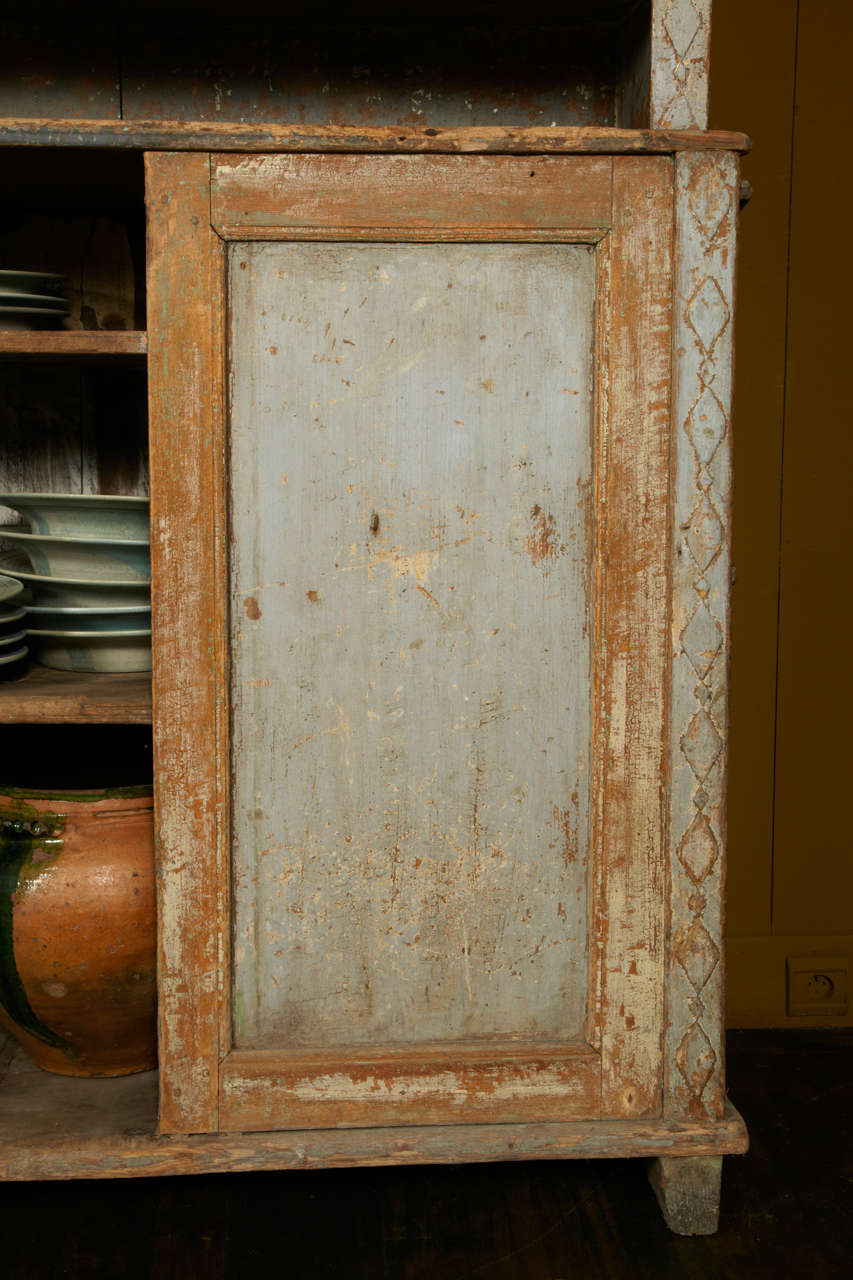 19th c. Gustavian Tall Cabinet in a Worn Pale Blue and Ocher Patina 3