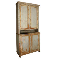 19th c. Gustavian Tall Cabinet in a Worn Pale Blue and Ocher Patina