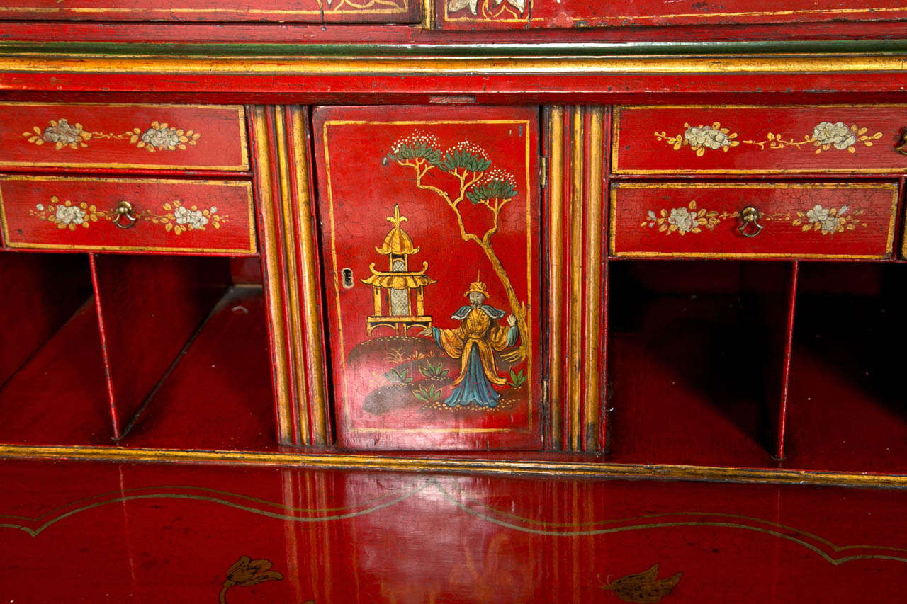 19th Century Red Lacuered Chinoiserie Secretary In Excellent Condition In Stamford, CT