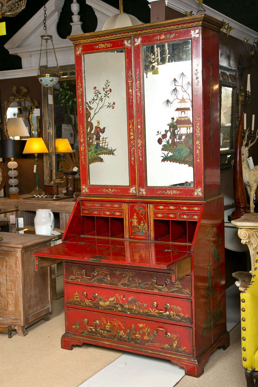 19th Century Red Lacquered Chinoiserie Secretary.