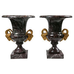 Pair of Marble Urns with Bronze Rams Head Handles