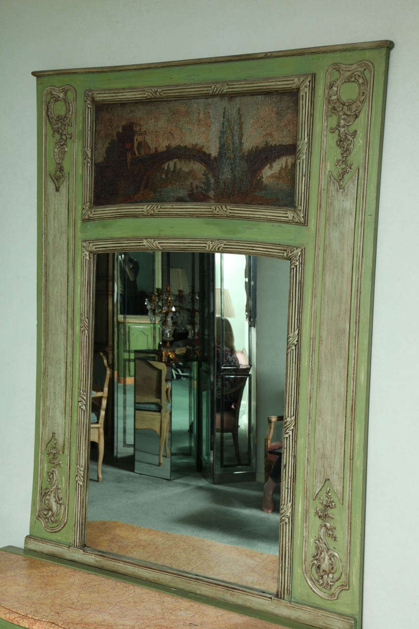 A Louis XV Style Green Painted Commode with Trumeau MIrror In Good Condition In New York, NY