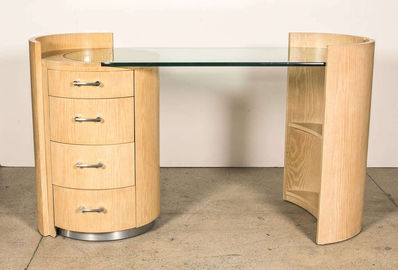 Beautiful two-piece Writing Desk or Vanity by Jay Spectre for his Eclipse Line. Stainless steel plinth and hardware contrast the cerused oak finish. Desk surface height 30