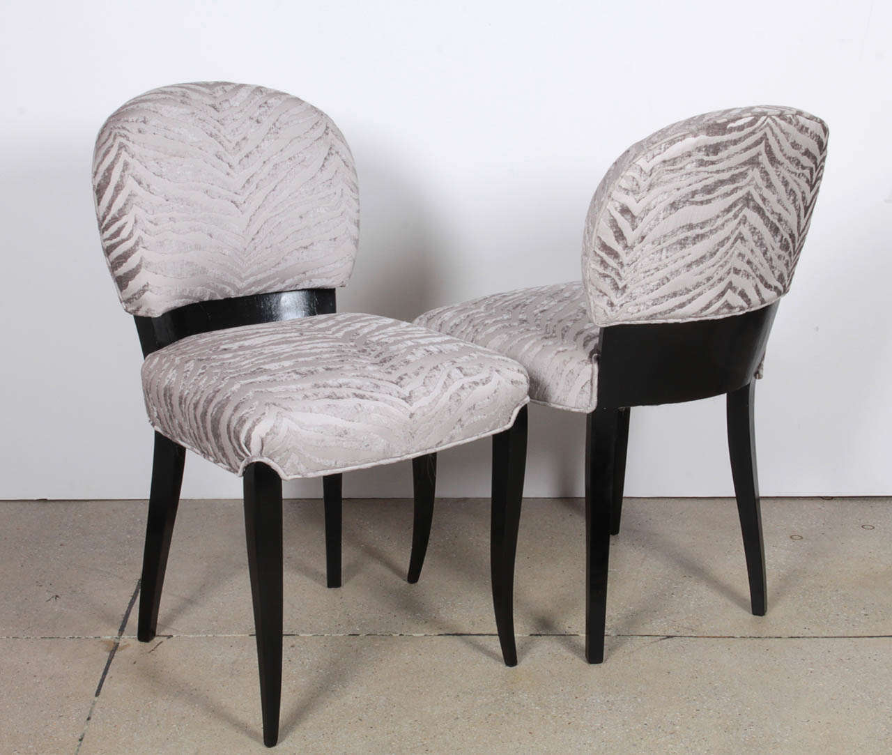 Velvet Luxurious Pair of Black Lacquer Art Deco Side Chairs